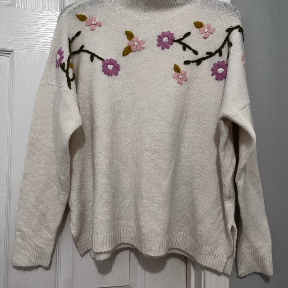 Staccato White Sweater with Pink Floral Embroidery